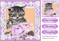 Pretty lilac roses with kitten in lattice 8x8 frame