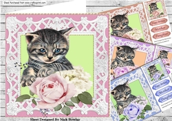 4 Pretty roses with kittens card fronts in lattice 8x8 frame mini kit