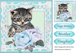 Pretty turq roses with kitten in lattice 8x8 frame