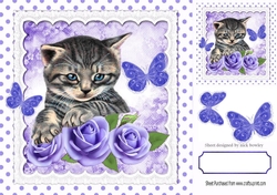 Pretty lilac roses with kitten and polkadots 8x8