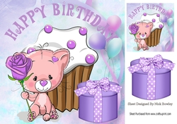 Cute kitty with purple rose and present & balloons 8x8