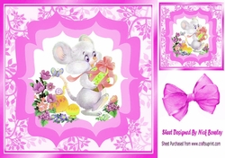 Cute little mouse with flowers and gift 8x8 pink