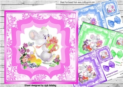 4 Cute little mice with flowers and gift, card fronts 8x8 mini kit