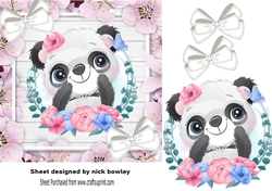 Cute Panda, in pink flower frame with white bows 7x7