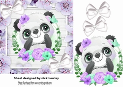 Cute Panda, in lilac flower frame with white bows 7x7