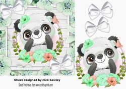 Cute Panda, in green flower frame with white bows 7x7