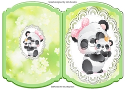 cute panda with baby on a bracket card with lace