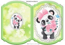 cute panda with roses on a bracket card with lace