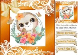 lovely sloth in a orange frame of flowers and ornate lace 8x8