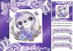 lovely sloth in a purple frame of flowers and ornate lace 8x8