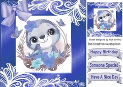 lovely sloth in a blue frame of flowers and ornate lace 8x8