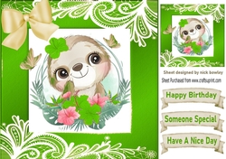 lovely sloth in a green frame of flowers and ornate lace 8x8