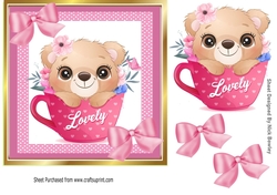 Cute little bear in a teacup with pink bows and polkadot 7x7 frame