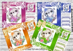  4 lovely sloths with flowers and ornate lace 8x8 card fronts mini kit