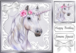 Beautiful White Unicorn in silver/white ornate frame 8x8