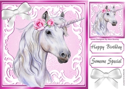 Beautiful White Unicorn in pink/white ornate frame 8x8