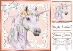 Beautiful White Unicorn in peach/white ornate frame 8x8