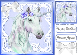 Beautiful White Unicorn in blue/white ornate frame 8x8