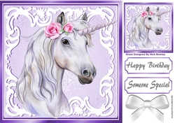 Beautiful White Unicorn in purple/white ornate frame 8x8