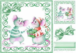 Cute christmas mice in green swirl 8x8 frame