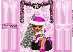Little Lady in Pink Santa Suit Sitting on Presents Gatefold