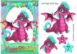 Cute pink Dragon in birthday balloon frame A5