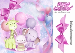 Cute Birthday Friends with balloons and pink bow 8x8