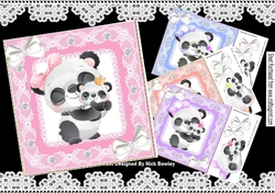 4 Cute pandas with babies card fronts in lace 8x8 frame mini kit