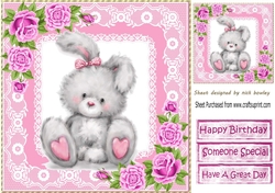 Cute grey bunny with pink roses and lace 8x8