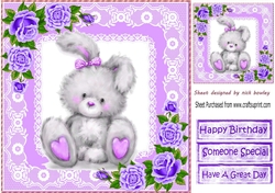 Cute grey bunny with purple roses and lace 8x8