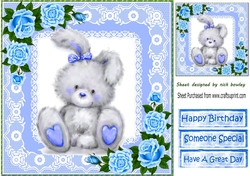 Cute grey bunny with blue roses and lace 8x8