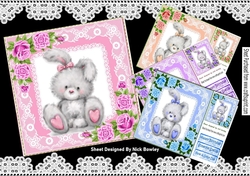  4 grey bunnies with roses and lace card fronts 8x8 mini kit
