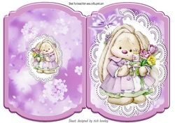 Cute bunny with flowers and lilac bow lace bracket card