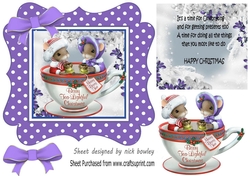 Cute christmas mice in a teacup, in purple polkadot frame