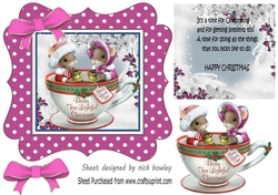 Cute christmas mice in a teacup, in pink polkadot frame