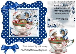 Cute christmas mice in a teacup, in royal blue polkadot frame