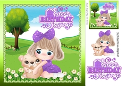 cute little girl in purple with teddy in the meadow 8x8