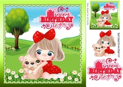 cute little girl in red with teddy in the meadow 8x8