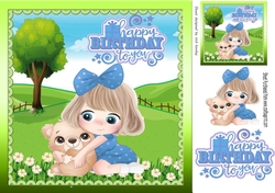 cute little girl in blue with teddy in the meadow 8x8