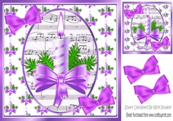 Christmas topper of candle & lilac bow with music and bows 8x8