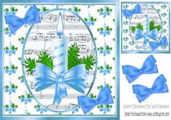Christmas topper of candle & blue  bow with music and bows 8x8
