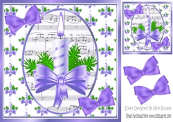 Christmas topper of candle & purple bow with music and bows 8x8