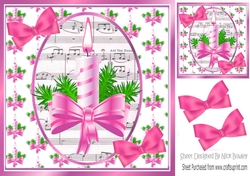 Christmas topper of candle & pink bow with music and bows 8x8