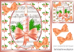 Christmas topper of candle & orange bow with music and bows 8x8