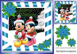 Cute minnie and mickey in the snow with blue poinsettias 8x8