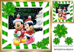 Cute minnie and mickey in the snow with green poinsettias 8x8
