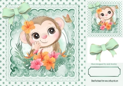 Cute monkey with pretty flowers in polkadot frame with mint bows 8x8