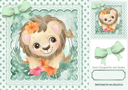 Cute lion with pretty flowers in polkadot frame with mint bows 8x8