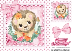 Cute lion with pretty flowers in polkadot frame with pink bows 8x8