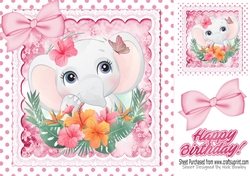 Cute ele with pretty flowers in polkadot frame with pink bows 8x8